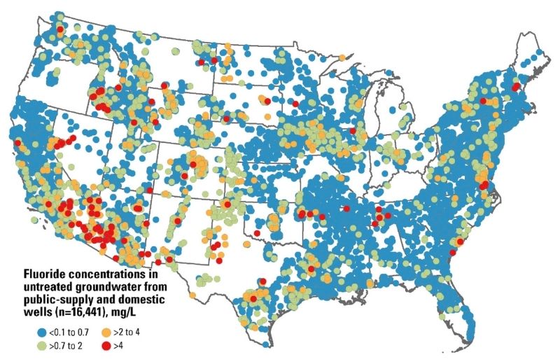 Map detailing fluoride concentration in US