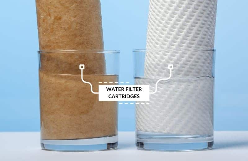 Water filter cartridges in glass with water