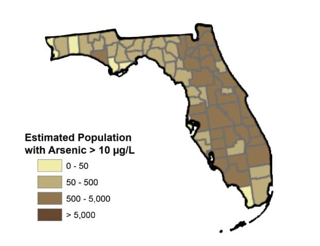 Map detailing arsenic concentration in florida