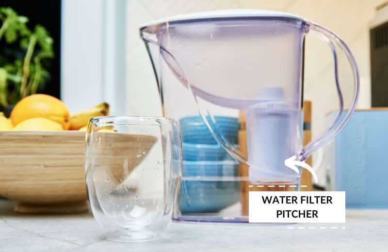 Water filter pitcher on countertop