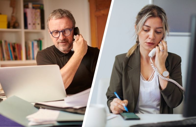 Man on the phone looking at computer and papers