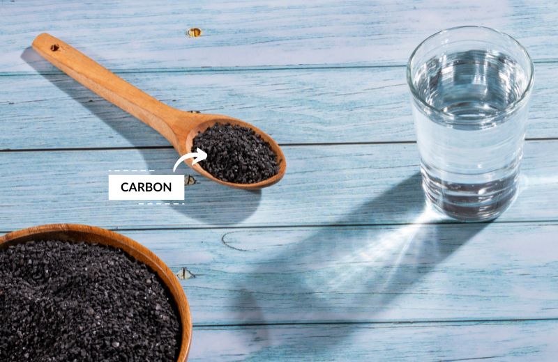 Carbon beside a glass of water