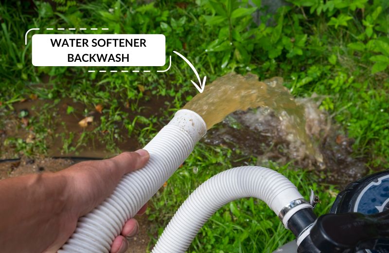 Releasing water softener backwash to kill weeds