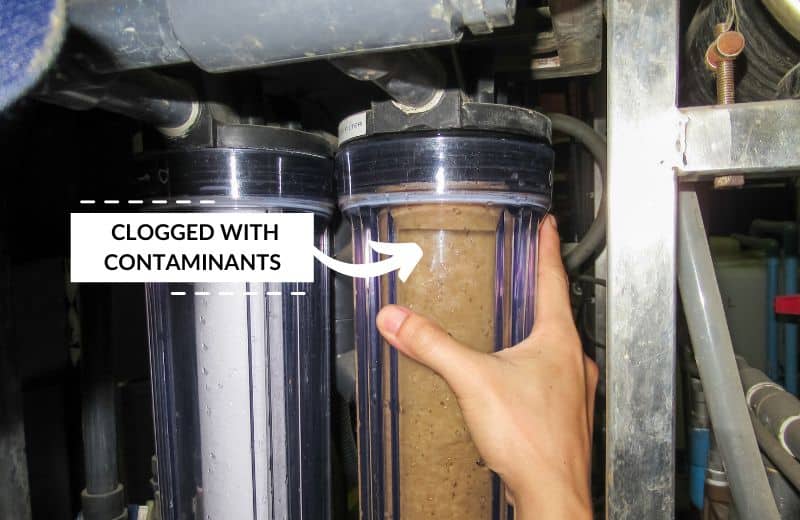 Old and dirty water filter clogged with contaminants