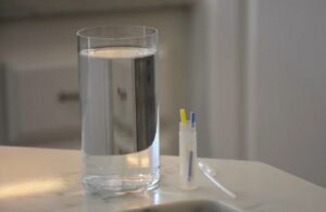 Glass of water next to watersafe test kit