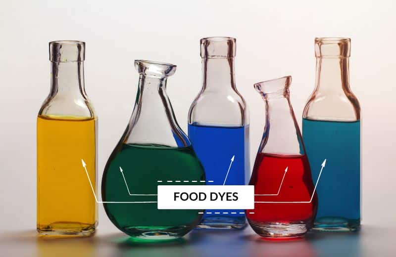 Water in glasses diluted with food dyes