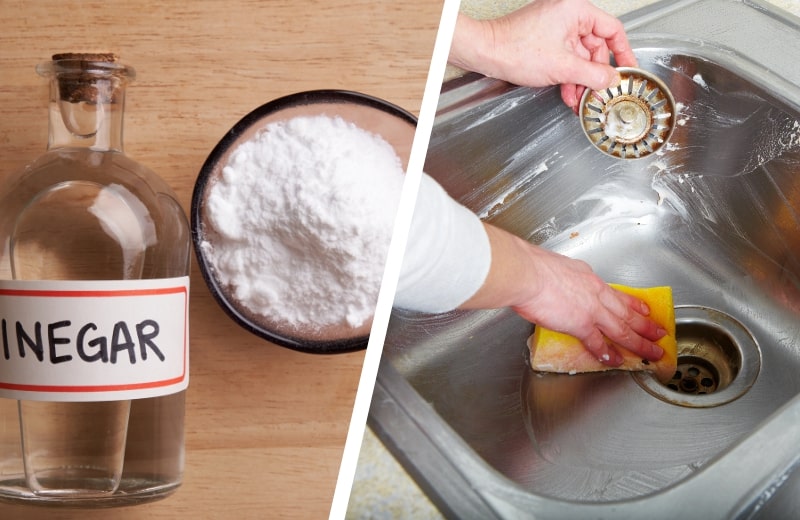 Cleaning sink with vinegar and baking soda