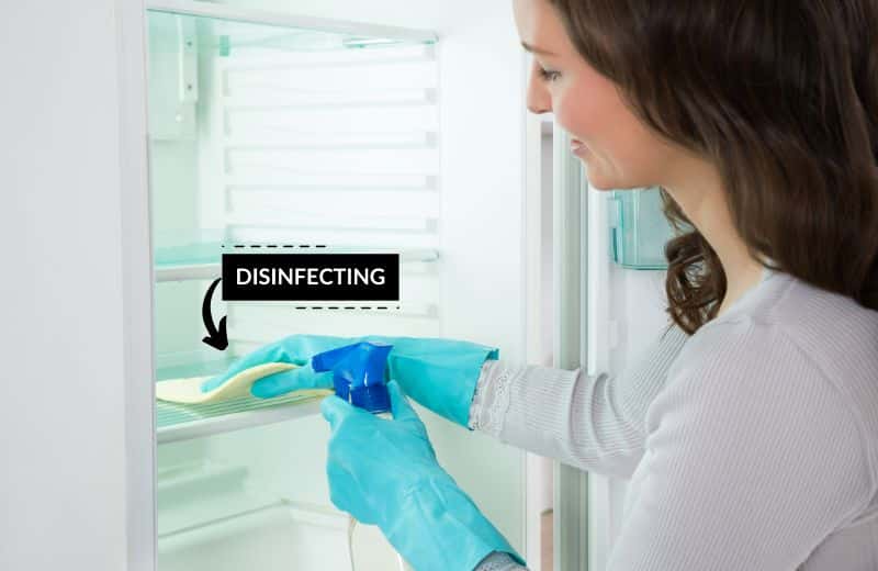 Woman disinfecting the fridge