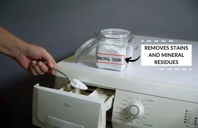 Adding baking soda to washing machine detergent container to remove stains and mineral residues