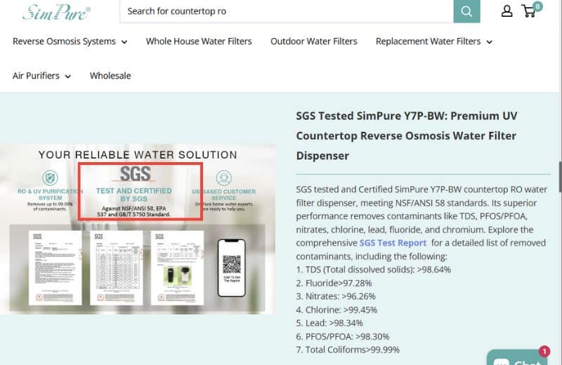 Screenshot of SimPure YP7 Certification Claims