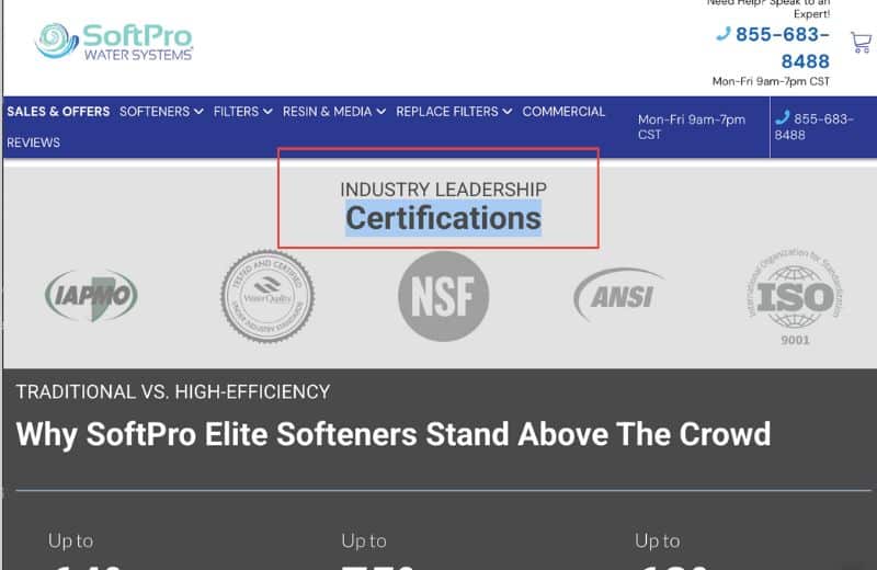 Screenshot of Certification claims on the SoftPro Elite Water Softener product page