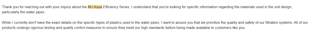 Screenshot of NU Aqua Customer Service response to inquiry