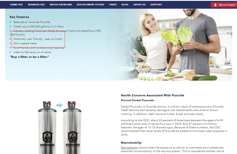 Us Water Systems Fluoride Filter Setup Claim Screenshot of Us Water Systems Fluoride Tank Setup Claims