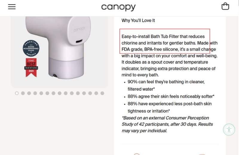 Canopy Filter Claims Screenshot of Canopy bath filter claims