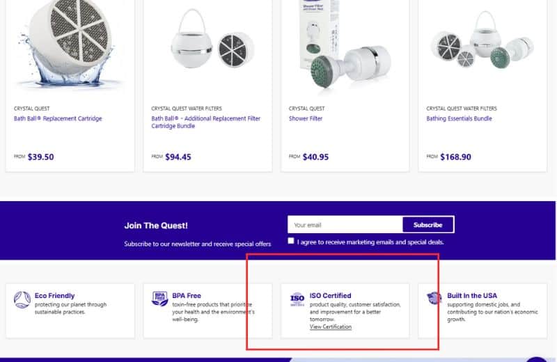 Crystal Bath Filter Certification Screenshot of Crystal Bath Filter Certification Claims