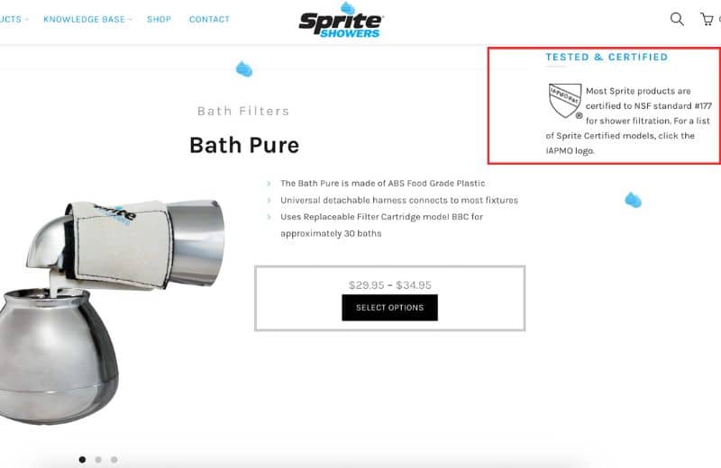 Spite bath pure filter product claims Screenshot of Sprite's certification claims