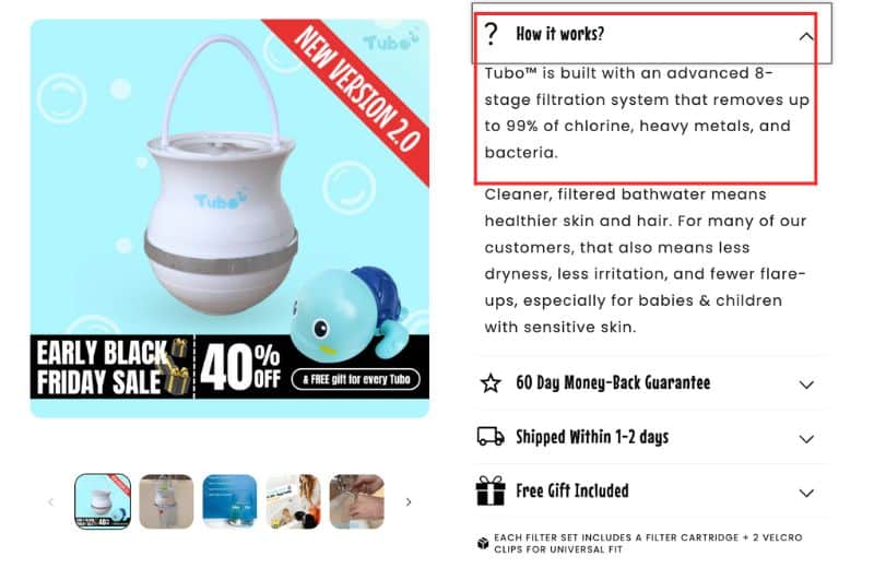 Tubo Bath Filter Product Claims Screenshot of Tubo bath product claims