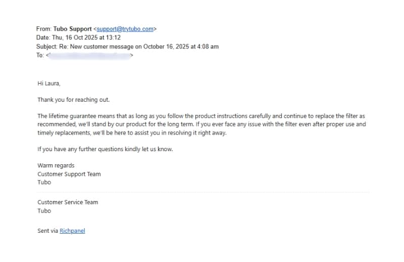 Tubo customer service email 2 sceeenshot of Tubo customer service email