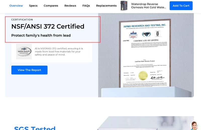 Screenshot of Waterdrop A1 Filter Certification Claims