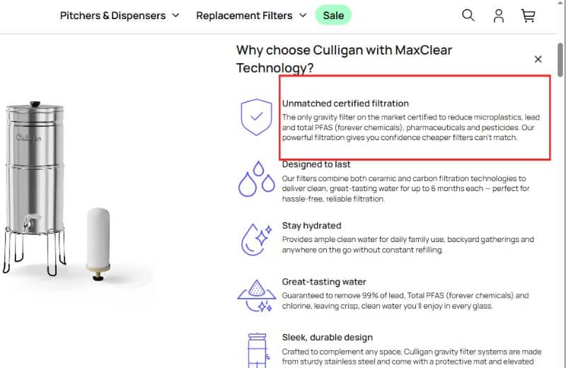 Culligan Maxclear Claims Screenshot of Culligan Maxclear product claims