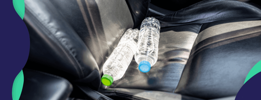 HI Reusable Plastic Water Bottle Hot Car 1556X600 Two single-use plastic water bottles left on a black leather car seat, illustrating how heat exposure inside a parked car can affect bottled water quality.