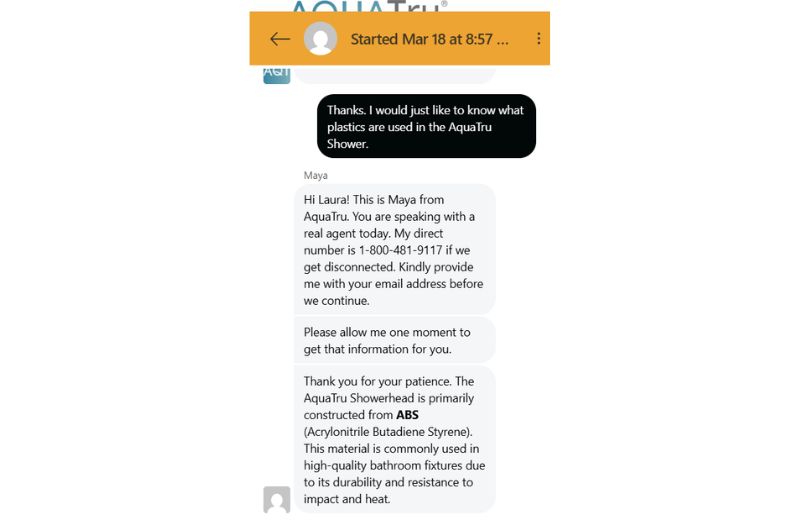 Aquatru Customer Service Reply screenshot showing a reply from Aquatru online chat support explaining the shower filter's component quality and material