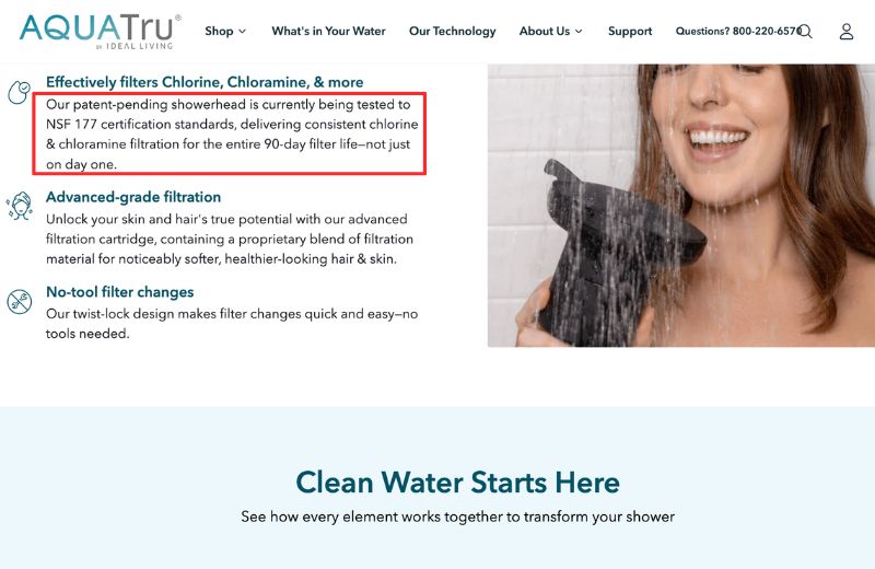 Aquatru Shower Certification Claims Screenshot from Aquatru's website showing Aquatru shower filter certification claims