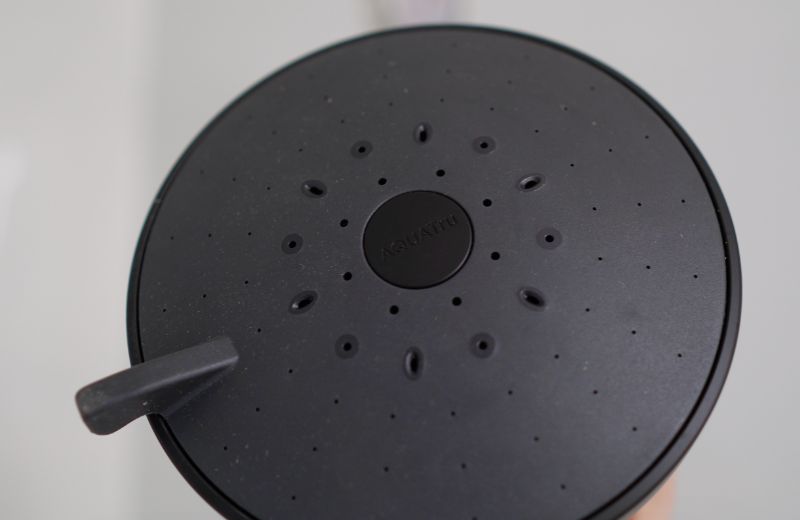 Aquatru Shower Design Material AquaTru shower filter head with sleek black design and evenly distributed spray nozzles