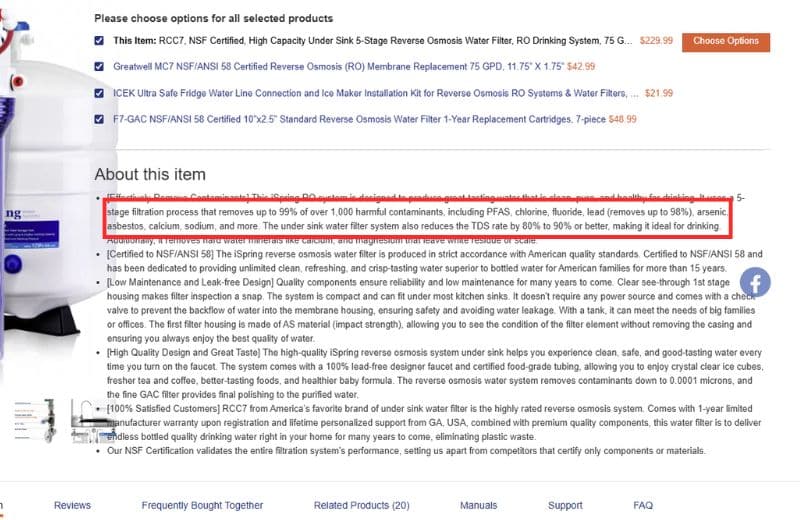 Screenshot of Ispring Contaminant Reduction Claims
