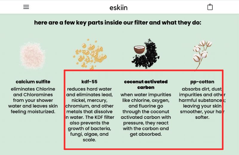 Eskiin Contaminat Reduction Claims Screenshot of Eskiin shower filter's contaminant reduction claims