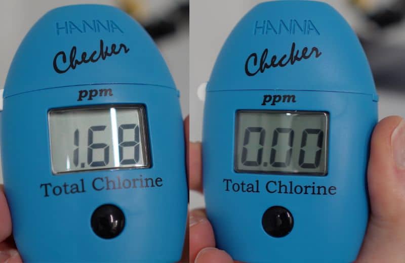 Weddell Duo Shower Filter Baseline and Post FIltration Chlorine Content Side by side comparison of total chlorine detected using a handheld digital colorimeter before and after filtration through the weddell duo shower filter