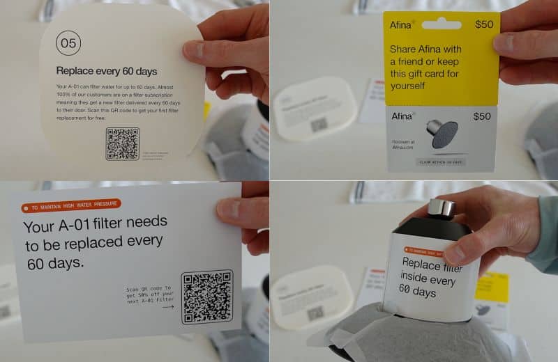 Afina Filter Replacement Marketing Materials Collage of hands holding Afina filtered shower head replacement marketing materials, including cards and packaging that highlight “replace every 60 days,” a QR code for reordering filters, and a $50 Afina gift card, alongside the shower filter unit labeled with the same replacement reminder.