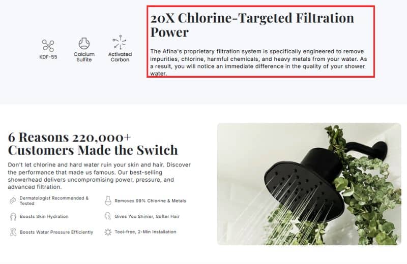 Afina Shower Filter Screenshot of Afina Shower Filter Claims