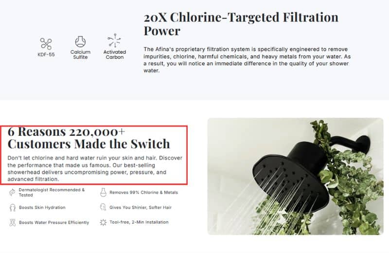 Afina Shower Filter Claims Screenshot of Afina Shower Filter Claims insinuating it can reduce hard water