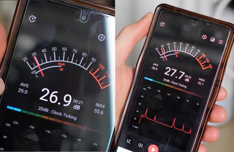 Two shots of a smartphone side by side, each displaying a sound level meter app in decibels. The left screen shows the noise the Cloud RO makes at 1 foot away; 29 decibels. The right image shows the noise at 3 feet away; 28.9 decibels.