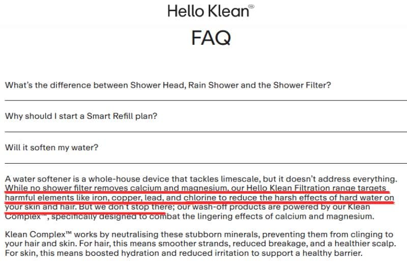 Hello Klean Shower Filter Claims Hello Klean shower filter FAQ page showing claims about reducing chlorine, lead, copper, and hard water effects on skin and hair.
