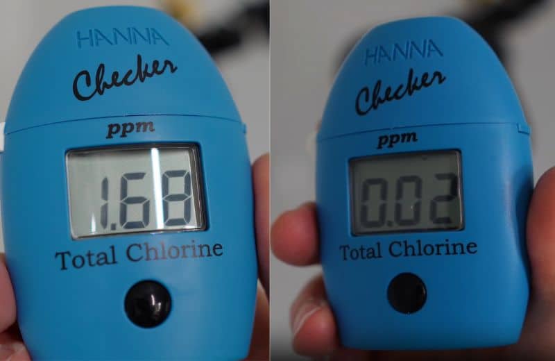 Shower Filter Baseline and Afina Post FIltration Chlorine Content visual comparison of baseline sample and post-filtration chlorine content used in Afina shower filter