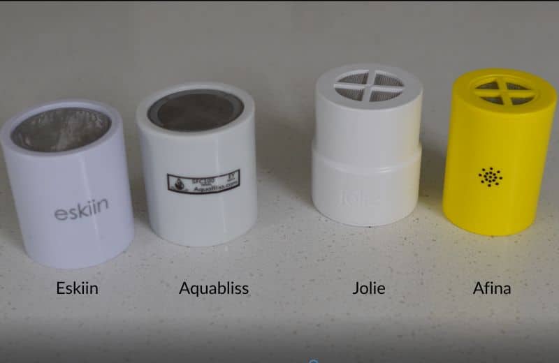 Shower Filters 1 Comparison of shower filter cartridges including Afina filtered shower head alongside Eskiin, Aquabliss, and Jolie filters