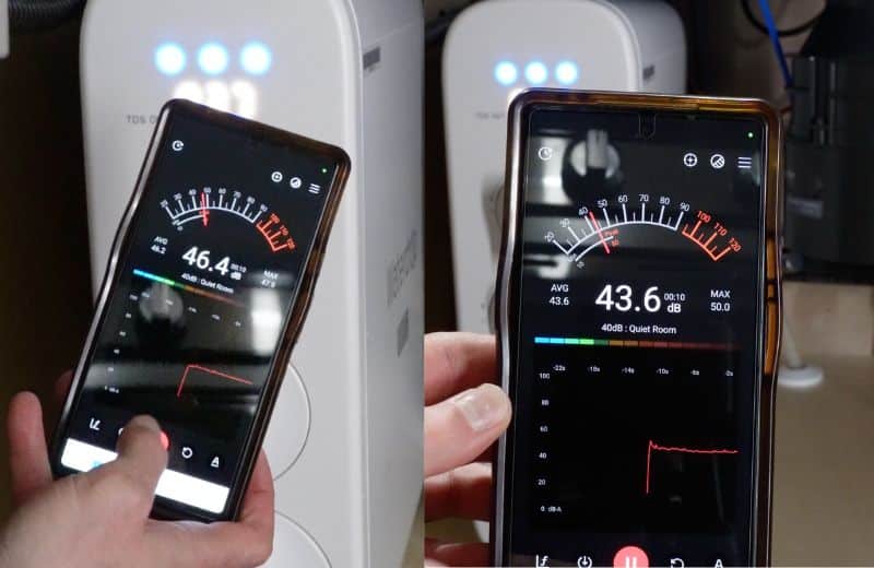 Waterdrop G3 P800 Noise Levels Two smartphones measuring sound levels beside Waterdrop G3P800 filter appliance with blue TDS indicator lights, showing decibel readings around 43–46 dB