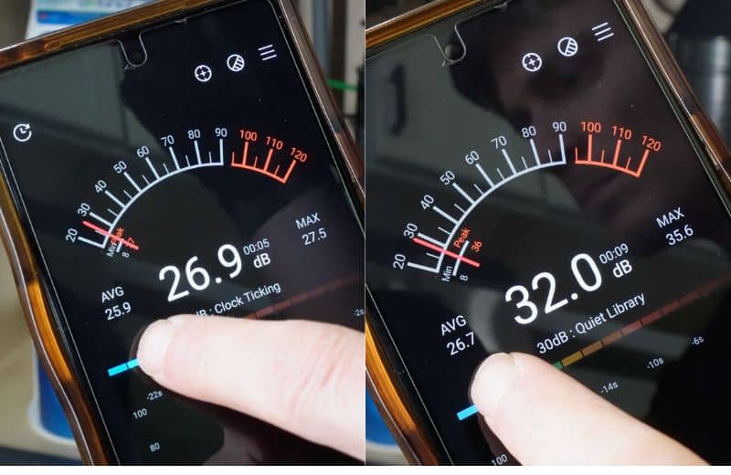 Kind Water PRO Noise Levels Two smartphone screens display sound meter apps with semicircular gauges. The left shows 26.9 dB labeled “Clock Ticking,” and the right shows 32.0 dB labeled “Quiet Library.” A finger touches each screen during KIND WATER PRO RO product testing.