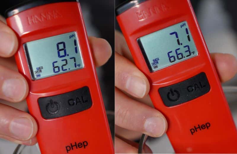 KindWater Pro RO pH Reading Two red HANNA pHep meters are shown side by side. One displays “8.1 pH” and “62.7°F,” while the other shows “7.1 pH” and “66.3°F.” The image compares pH results from KIND WATER PRO RO water samples.