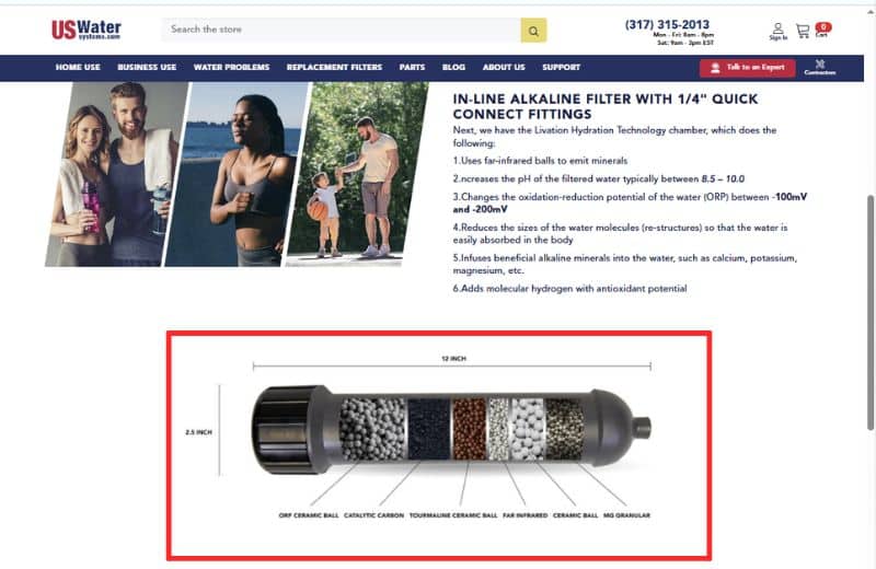 US WATER AMERICAN MADE RO FILTER CLAIMS US American Water Made RO in-line alkaline filter with a cutaway view showing multiple filtration media layers and claimed alkaline water enhancement features.