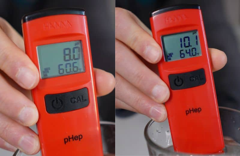 US WATER AMERICAN MADE RO pH Reading pH meter showing water test results for the US American Water Made RO system, with readings increasing from pH 8.0 to pH 10.1.