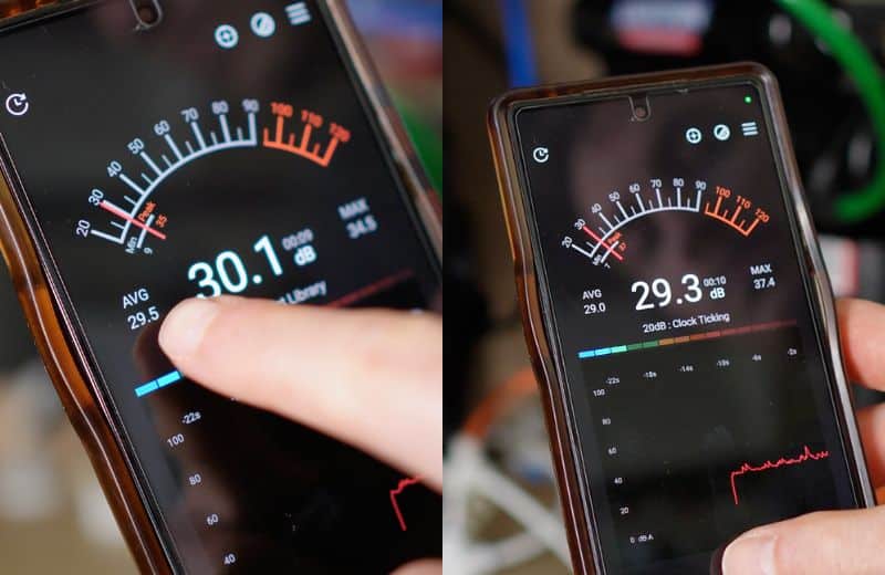 US Water Made RO Noise levels Two smartphones measuring sound levels of US American Water Made RO filter appliance showing decibel readings around 29–30 dB