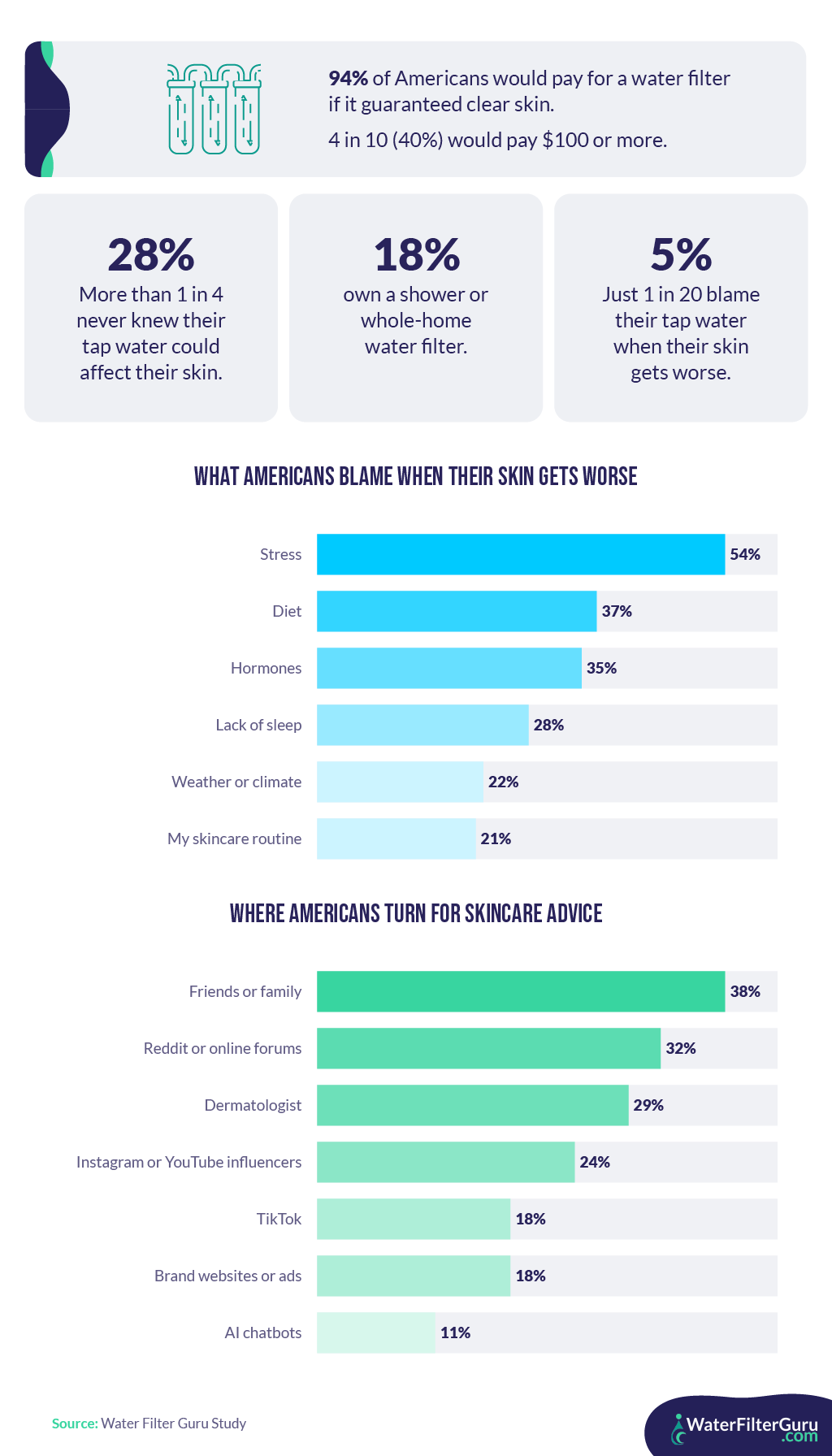 americans beliefs about water and skincare Infographic about Americans' beliefs on water and skincare, featuring survey statistics and bar charts on skincare perceptions and advice sources. It highlights that 94% would pay for a water filter if it guaranteed clear skin, shows common factors people blame for worsening skin such as stress and diet, and ranks where people seek skincare advice, led by friends and family, online forums, and dermatologists.
