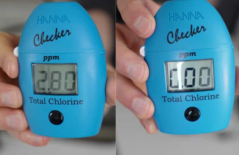 AquaTru Under Sink 2nd Gen Chlorine Content Two handheld digital chlorine testers display 2.80 ppm and 0.00 ppm, showing water quality before and after treatment with the Aquatru Under Sink RO 2nd gen system.