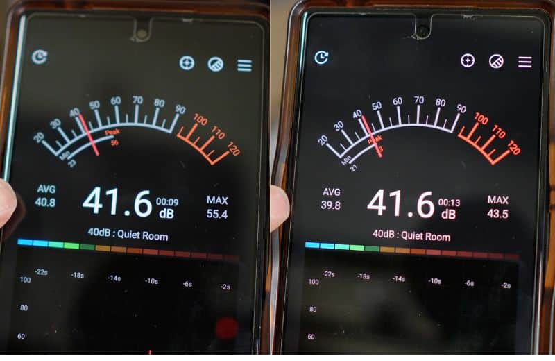 AquaTru Under Sink 2nd Gen Noise Levels Two smartphones show sound level readings around 41.6 dB, documenting ambient noise during testing of the Aquatru Under Sink RO 2nd gen installation process.
