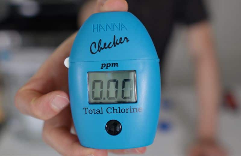 Epic Pure XP Chlorine Content A Hanna Checker displays a 0.00 ppm total chlorine reading as part of an Epic Pure XP review water quality test.