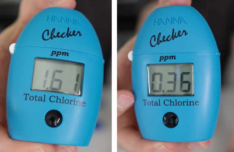 LifeStraw Home Pitcher Chlorine Content Two blue handheld digital chlorine testers labeled “HANNA Checker Total Chlorine” show different readings: 1.61 ppm on the left and 0.36 ppm on the right, illustrating water quality measurement for the LifeStraw Home Essential 10‑Cup Pitcher Review.