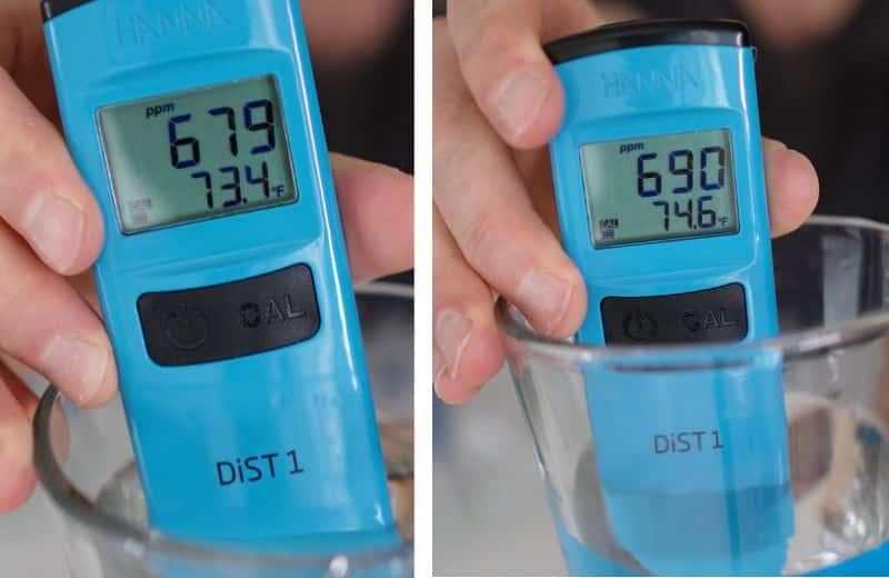 LifeStraw Home Pitcher TDS Reading Two close‑up views of a blue HANNA DiST 1 digital water quality meter submerged in glasses of water show readings of 679 ppm at 73.4°F and 690 ppm at 74.6°F, demonstrating dissolved solids testing for the LifeStraw Home Essential 10‑Cup Pitcher Review.